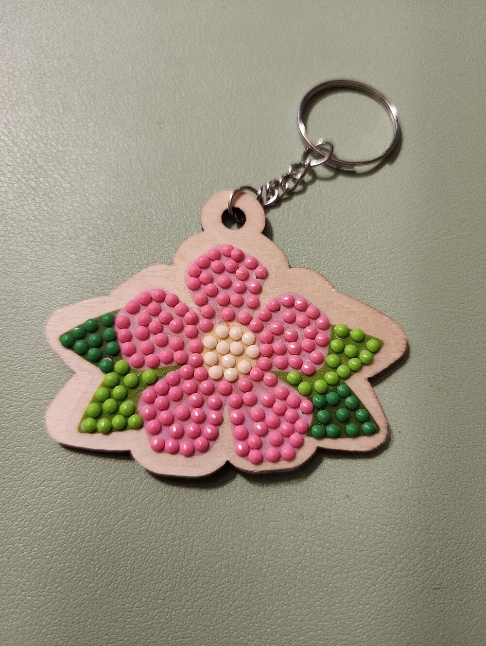 Pink Floral Wooden Keychain - Cute Flower Key Ring
